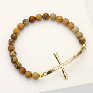 Hammered Metal Cross Semi Precious Natural Stone Bracelet