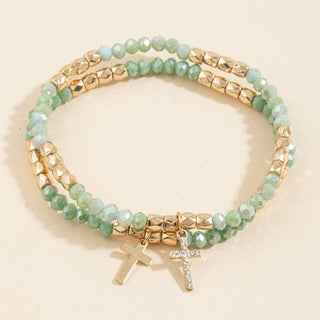 Crystal Bead Cross Charm Stretch Bracelet Set