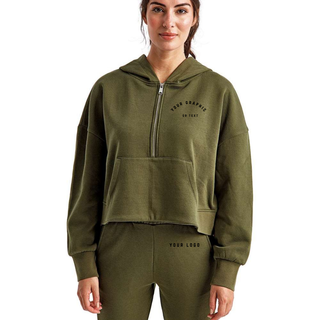 Custom Branded Logo Half Zip Cropped Hoodie With Thumbhole (MIN. 3)