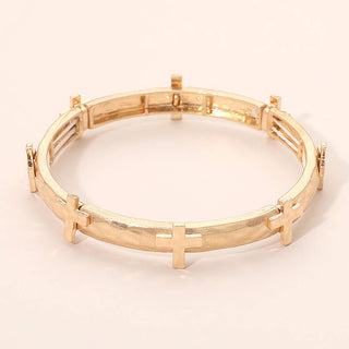 Hammered Brushed Metal Cross Accent Stretch Bracelet