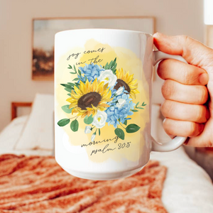 Joy in the Morning Bible Verse Watercolor Floral Christian 15oz Ceramic Coffee Mug