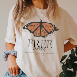 Free Indeed Monarch Butterfly Bible Verse Womens Graphic Tee Shirt