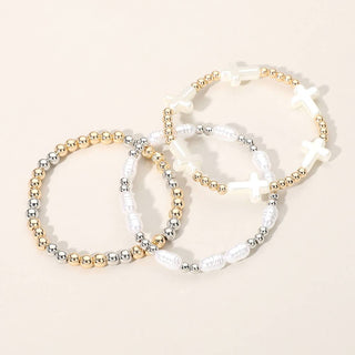 3PCS - Pearl Cross Metal Ball Beaded Stretch Multi Layered B