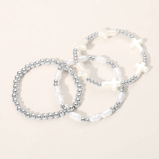3PCS - Pearl Cross Metal Ball Beaded Stretch Multi Layered B