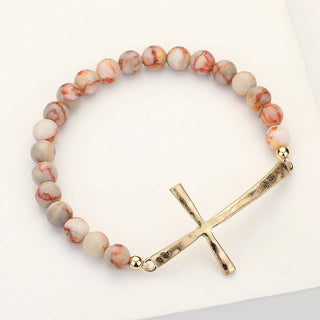 Hammered Metal Cross Semi Precious Natural Stone Bracelet