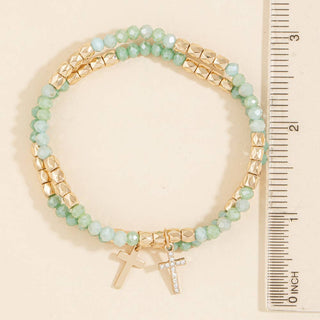 Crystal Bead Cross Charm Stretch Bracelet Set
