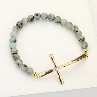 Hammered Metal Cross Semi Precious Natural Stone Bracelet