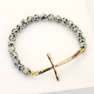 Hammered Metal Cross Semi Precious Natural Stone Bracelet