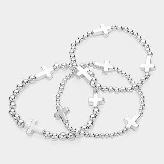 Metal Cross Pointed Ball Beaded Stretch Multi Layered Bracelets