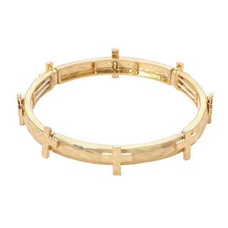 Hammered Brushed Metal Cross Accent Stretch Bracelet