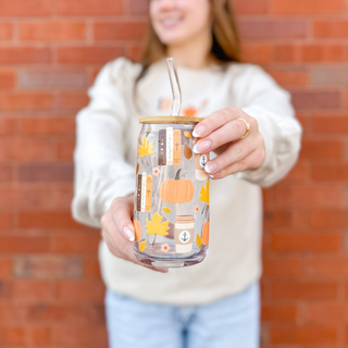 Fall Bibles and Pumpkin Spice Glass Cup with Bamboo Lid and Glass Straw