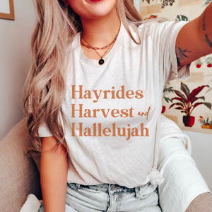 Hayrides, Harvest and Hallelujah Fall Short Sleeve Graphic T-Shirt in Multiple Color Options