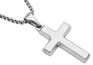 Mens Stainless Steel Cross Pendant With 24" Round Box Chain