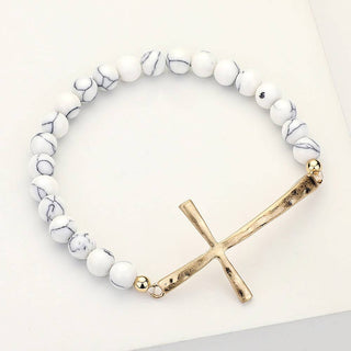 Hammered Metal Cross Semi Precious Natural Stone Bracelet