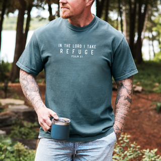 In the Lord I Take Refuge Psalm 61 Comfort Colors Tshirt - Front and Back Design - March 2026 Collection