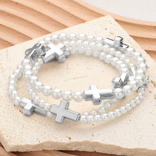 3PCS - Metal Cross Pointed Pearl Beaded Stretch Bracelets