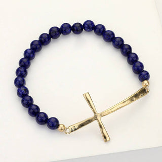 Hammered Metal Cross Semi Precious Natural Stone Bracelet