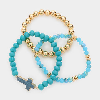 3PCS - Druzy Cross Metal Ball Faceted Bead Stretch Bracelets