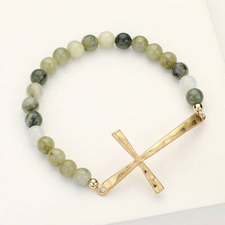 Hammered Metal Cross Semi Precious Natural Stone Bracelet