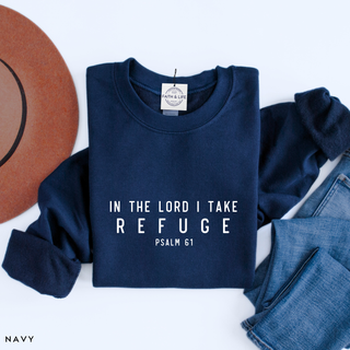 In the Lord I Take Refuge Psalm 61 Crewneck Sweatshirt - Front and Back Design - March 2026 Collection