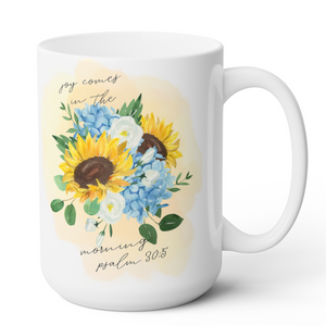 Joy in the Morning Bible Verse Watercolor Floral Christian 15oz Ceramic Coffee Mug