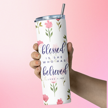 Christian Bible Verse Stainless Steel Double-Wall Vacuum Insulated 20oz Travel Mug Tumbler with Lid and straw for women, Blessed Is She Who Has Believed
