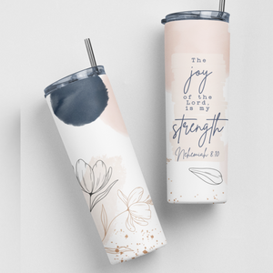 The Joy Of The Lord Is My Strength Navy Floral Bible Verse Stainless Steel Double-Wall Insulated 20oz. Travel Tumbler With Straw For Hot or Cold Beverages