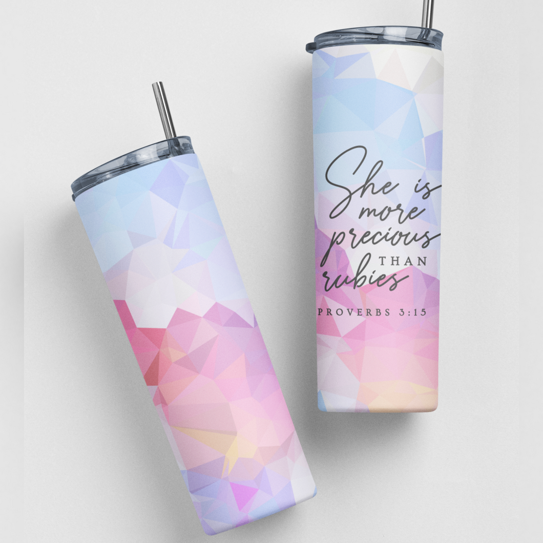 She is More Precious Than Rubies Bible Verse Stainless Steel Double-Wall Insulated 20oz. Travel Tumbler With Straw For Hot or Cold Beverages