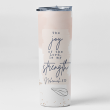 The Joy Of The Lord Is My Strength Navy Floral Bible Verse Stainless Steel Double-Wall Insulated 20oz. Travel Tumbler With Straw For Hot or Cold Beverages
